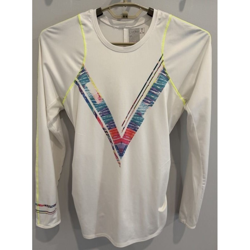 Lucky in Love Tennis Long Sleeve Mesh Vented Shirt White Neon Print Size M 8 10
